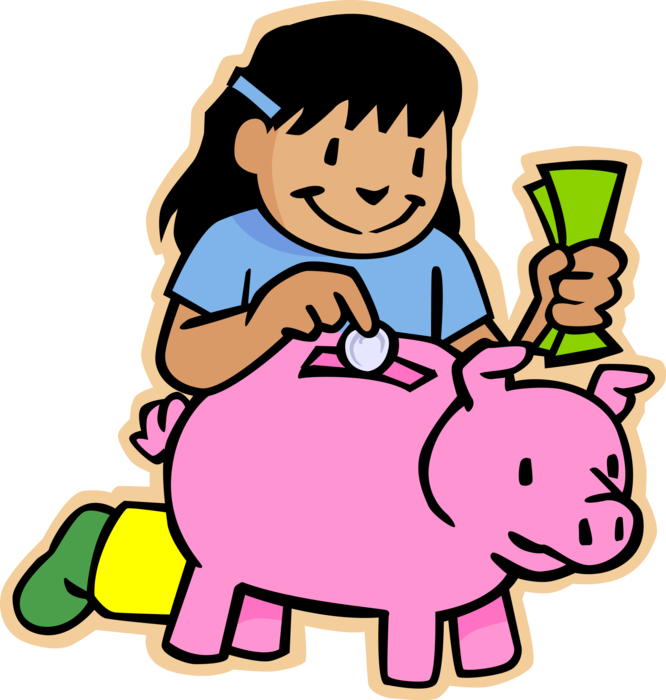 Vector Illustration of Primary or Elementary School Student Girl Puts Money Savings in Piggy Bank