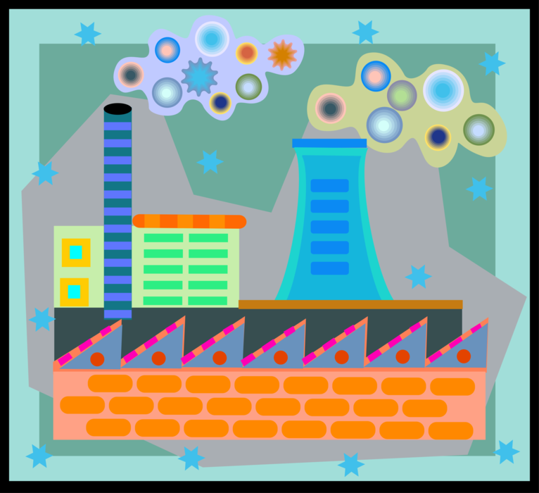 Vector Illustration of Industrial Factory with Smokestacks and Nuclear Cooling Tower