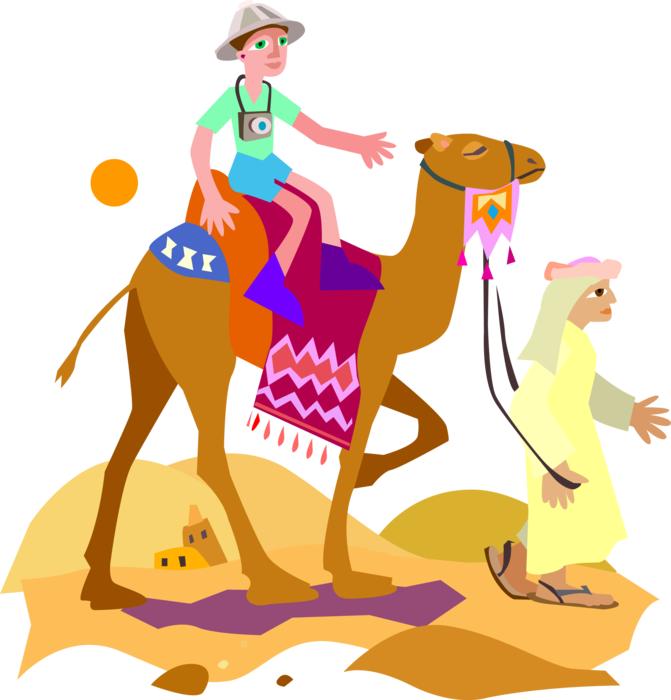 Vector Illustration of Beast of Burden Camel Dromedary Even-Toed Ungulate Ride in Middle East with Tourist and Guide
