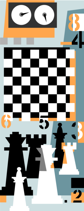 Vector Illustration of Strategy Board Game of Chess with Pieces and Clock
