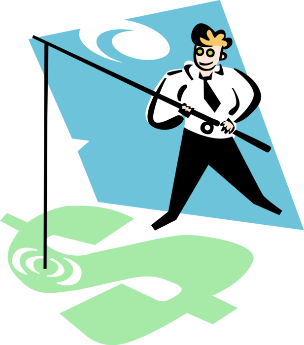 Vector Illustration of Businessman Fishing in Cash Money Dollar Pool
