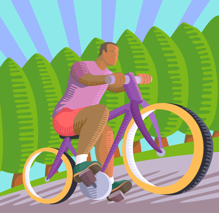 Vector Illustration of Cycling Enthusiast Rides Bicycle Outdoors on Bike Path