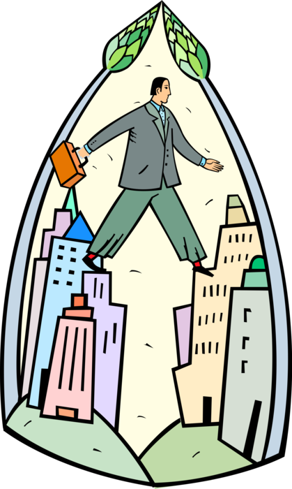 Vector Illustration of Successful Businessman Walking on Top of City Buildings