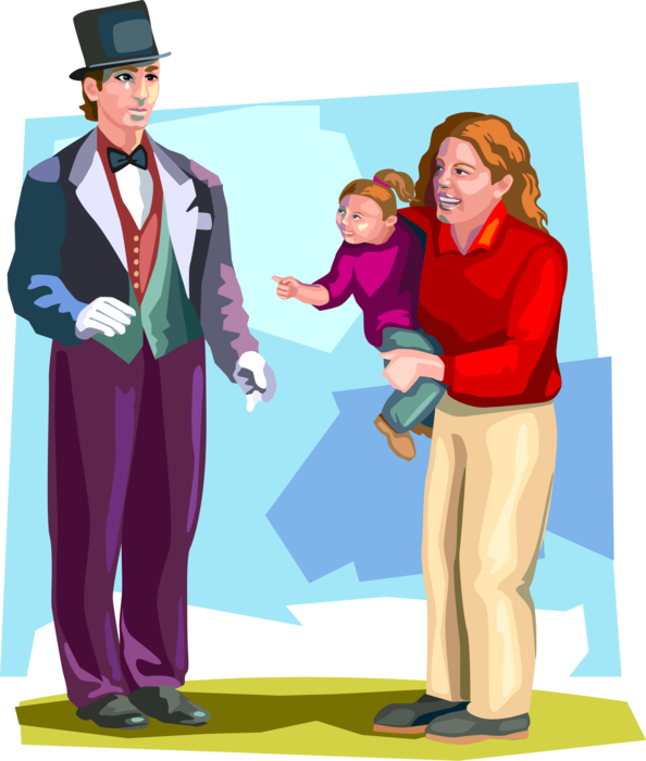 Vector Illustration of Mother and Daughter Watch Mime Perform Using Only Gesture, Expression, and Movement