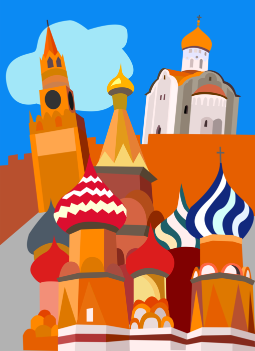 Vector Illustration of Russia, Moscow, Grand Kremlin Palace, St. Basil's Christian Church Cathedral on Red Square