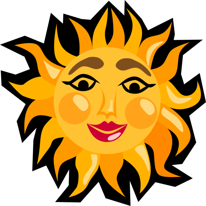 Vector Illustration of Smiling Anthropomorphic Sun with Sunshine Rays