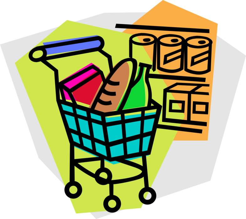 Vector Illustration of Supermarket Grocery Store Food Groceries in Shopping Cart