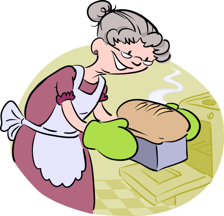 Vector Illustration of Grandmother Baker Removes Fresh Baked Bread from Oven Stove