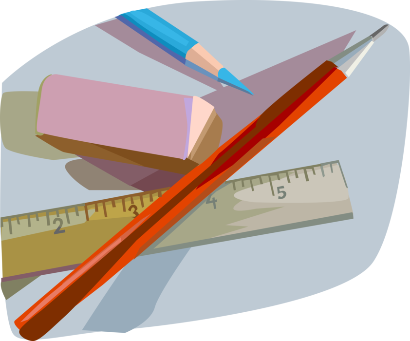 Vector Illustration of School Supplies Pencil Writing Instruments, Eraser, and Measurement Ruler