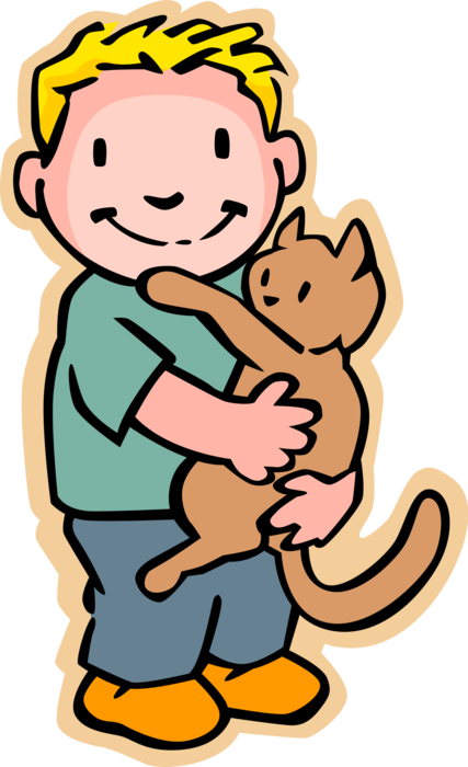 Vector Illustration of Primary or Elementary School Student Boy with Domestic Housecat