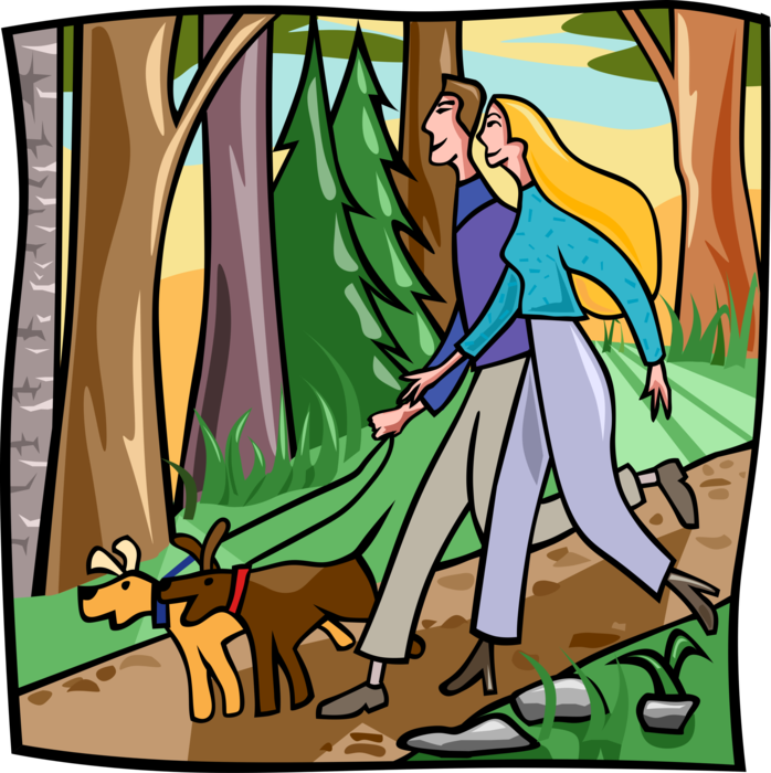 Vector Illustration of Couple Walking Through Forest with Dogs