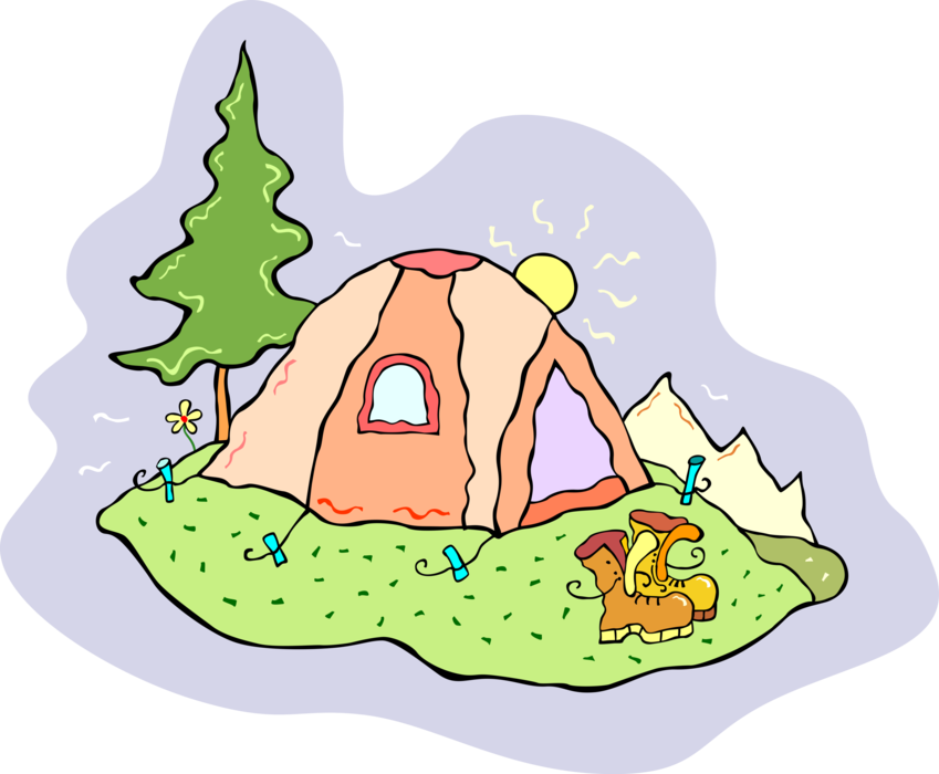 Vector Illustration of Outdoor Recreational Activity Camping Tent Shelter at Campsite