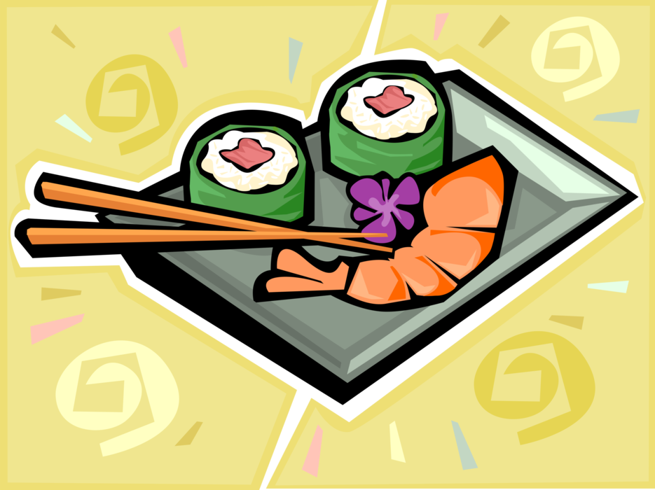 Vector Illustration of Japanese Sushi Ebi Prawn Shrimp and Maki with Chopsticks
