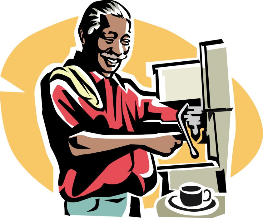 Vector Illustration of Coffeehouse Barista Makes Cappuccino Espresso-Based Coffee Drinks with Coffeemaker