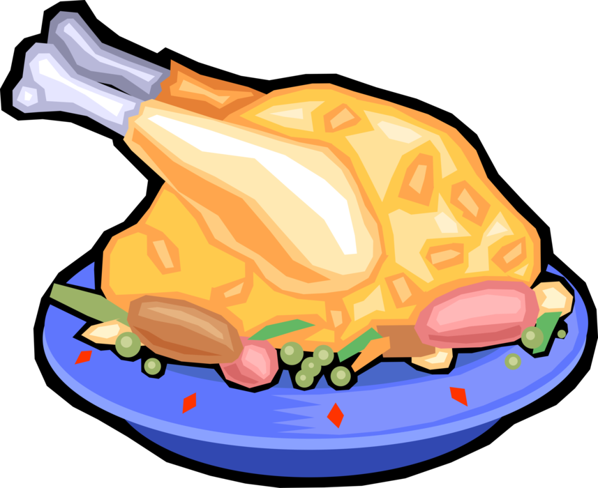 Vector Illustration of Roast Poultry Turkey Traditional Thanksgiving or Christmas Dinner on Plate