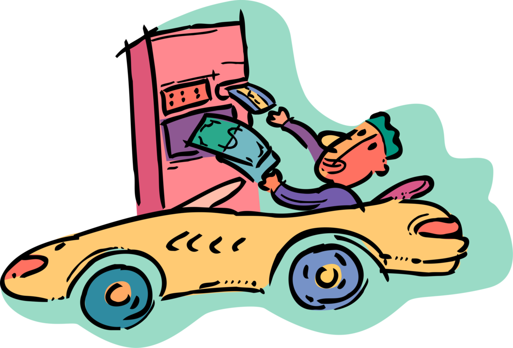 Vector Illustration of Withdrawing Cash Money at Drive-Through Bank Automated Teller Machine ATM 
