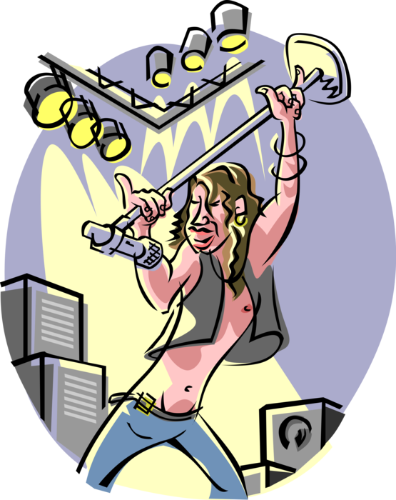 Vector Illustration of Rock Star Singer Performing in Concert with Band on Stage Under Spotlights