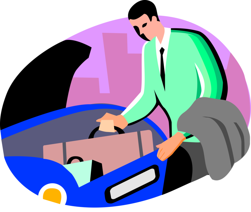 Vector Illustration of Business Traveler with Travel Luggage Suitcase in Automobile Vehicle Trunk