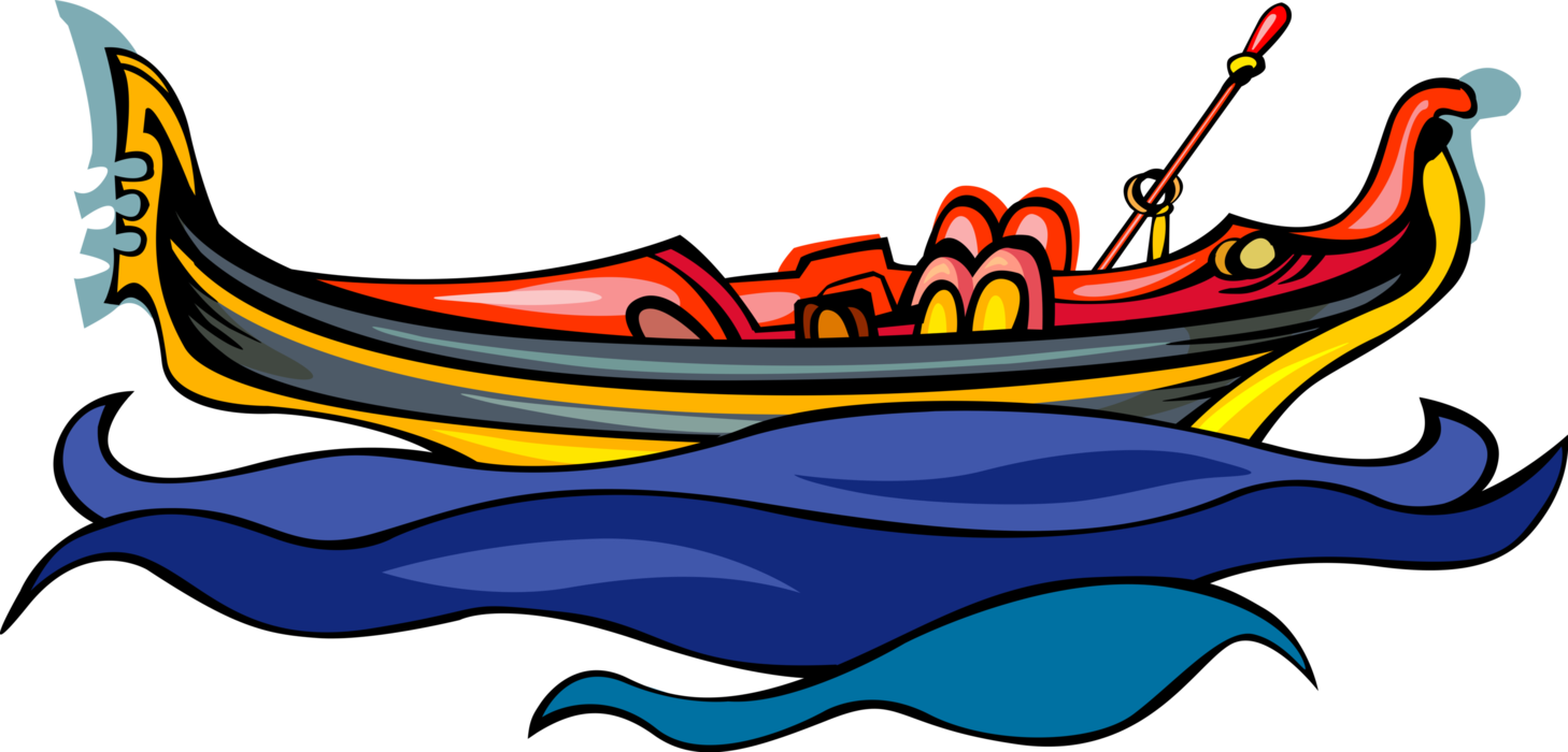 Vector Illustration of Venetian Gondola Steered by Gondolier in Canals of Venice, Italy