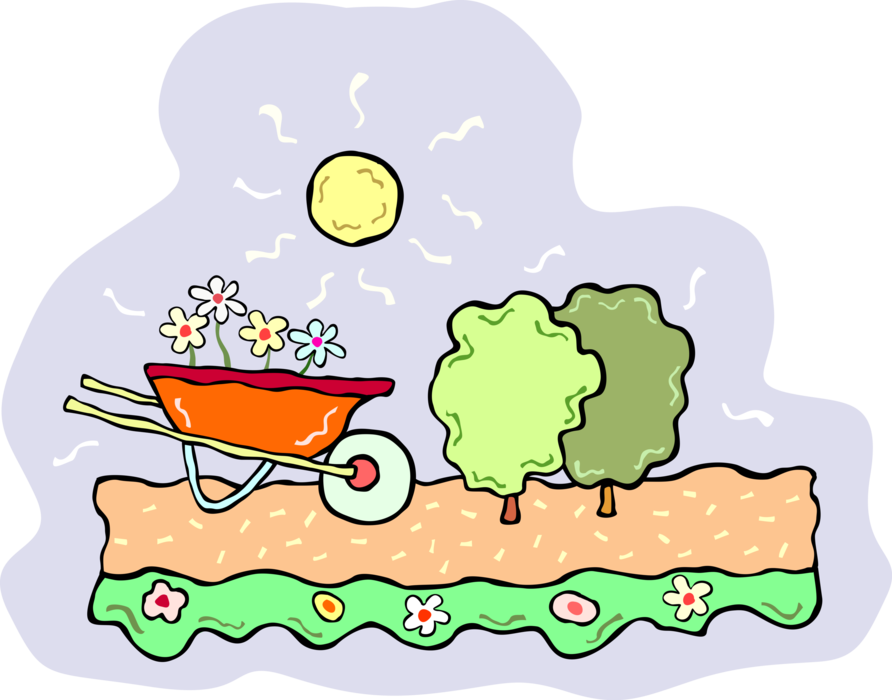 Vector Illustration of Wheelbarrow with Flowers in Garden