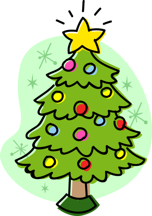Vector Illustration of Festive Season Christmas Tree with Star and Decoration Ornaments