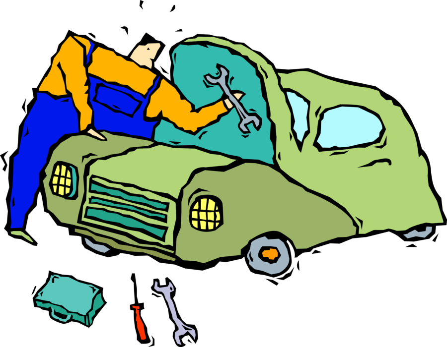 Vector Illustration of Automotive Service Technician Garage Mechanic Repairs Automobile Car Motor Vehicle