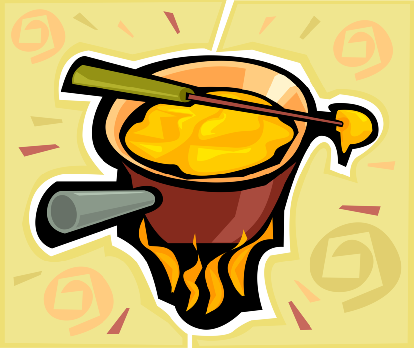 Vector Illustration of Fondue of Melted Cheese Served in Communal Fondue Pot or Caquelon