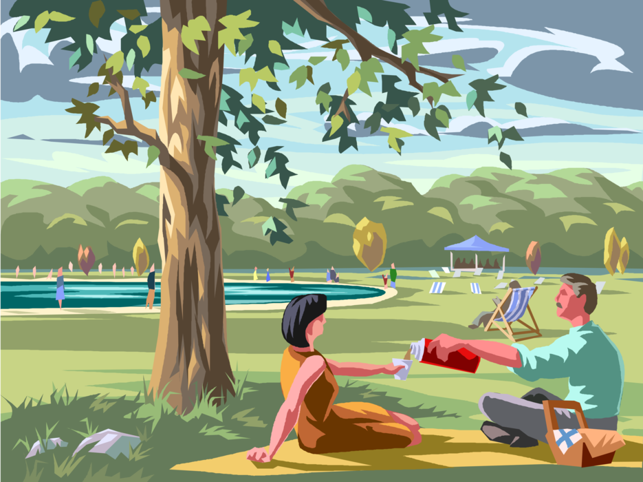 Vector Illustration of Picnic in Hyde Park with The Serpentine Lake Recreational Lake, London, England