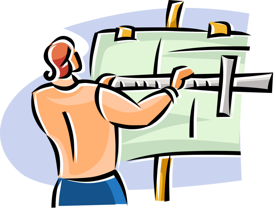 Vector Illustration of Draftsman Working on Architectural Design Drawing
