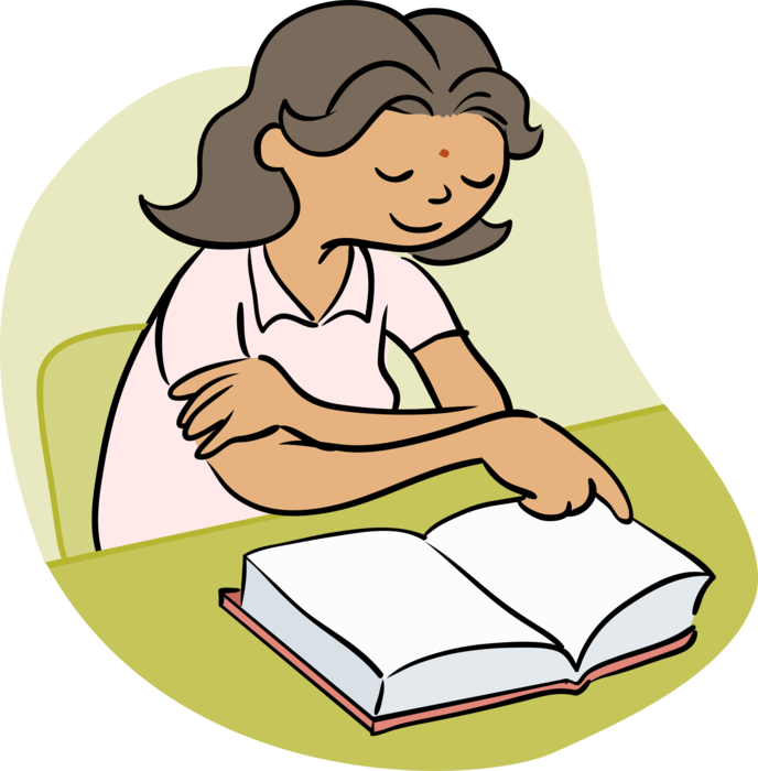 Vector Illustration of Student in School Classroom Reads Textbook Book