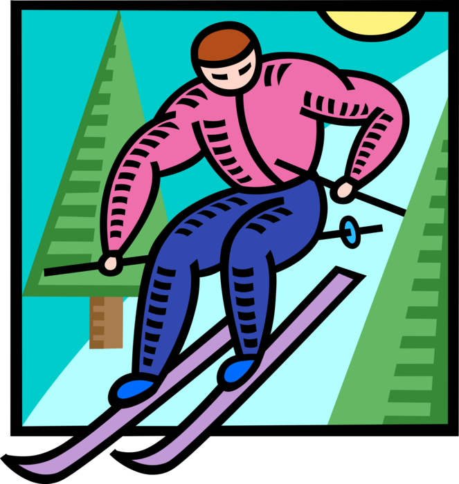 Vector Illustration of Alpine Downhill Skier Skiing Down Mountain