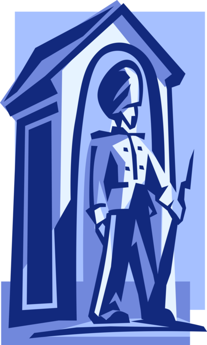 Vector Illustration of British Buckingham Palace Queen's Guard with Bearskin Hat and Rifle Weapon Gun