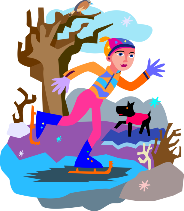 Vector Illustration of Skating on Frozen Pond in Winter on Ice Skates