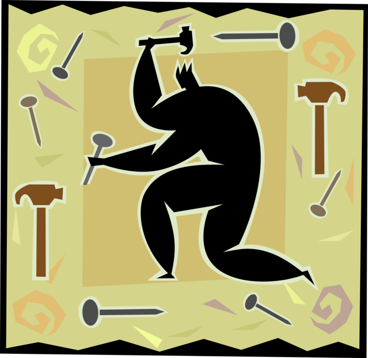 Vector Illustration of Carpenter Hammering Nail with Hammer