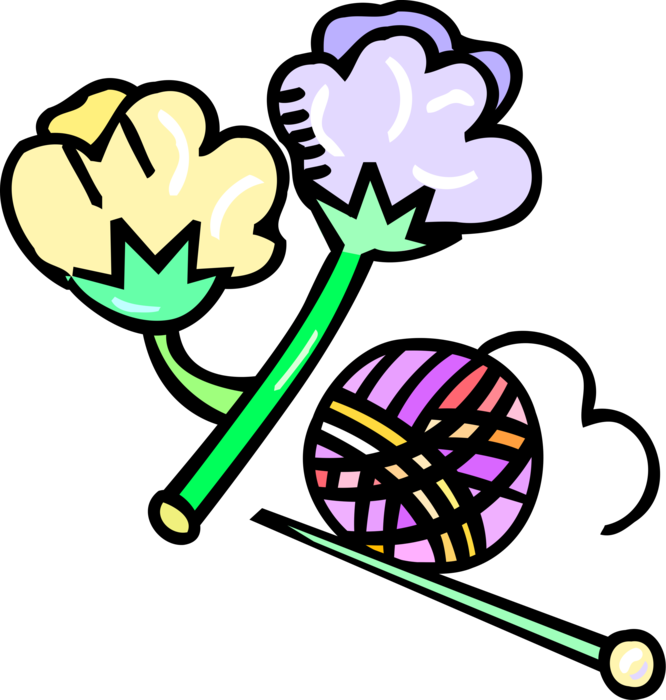 Vector Illustration of Cotton Plant and Knitting Needle with Yarn Thread