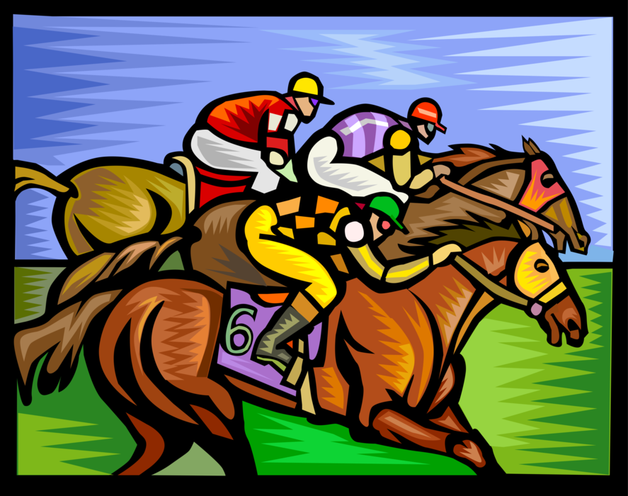 Vector Illustration of Equestrian Horse Racing Jockeys and Horses in Race
