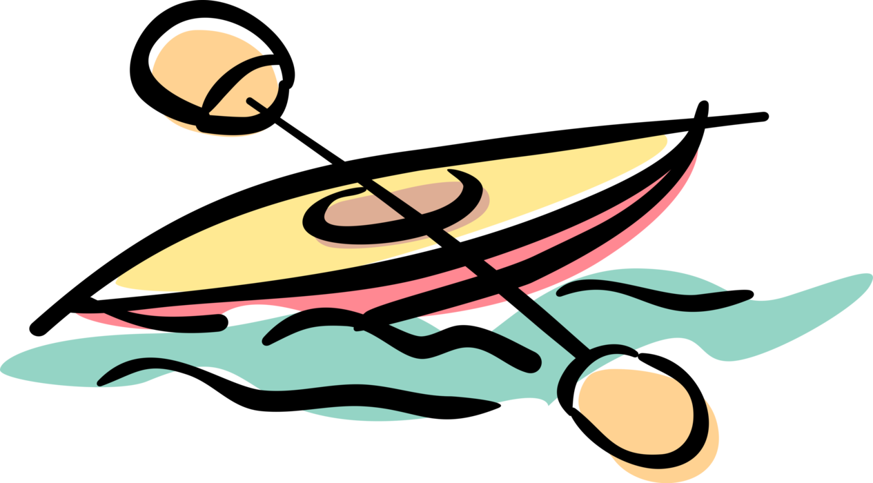 Vector Illustration of Kayaking White Water Rapids in Kayak with Oar