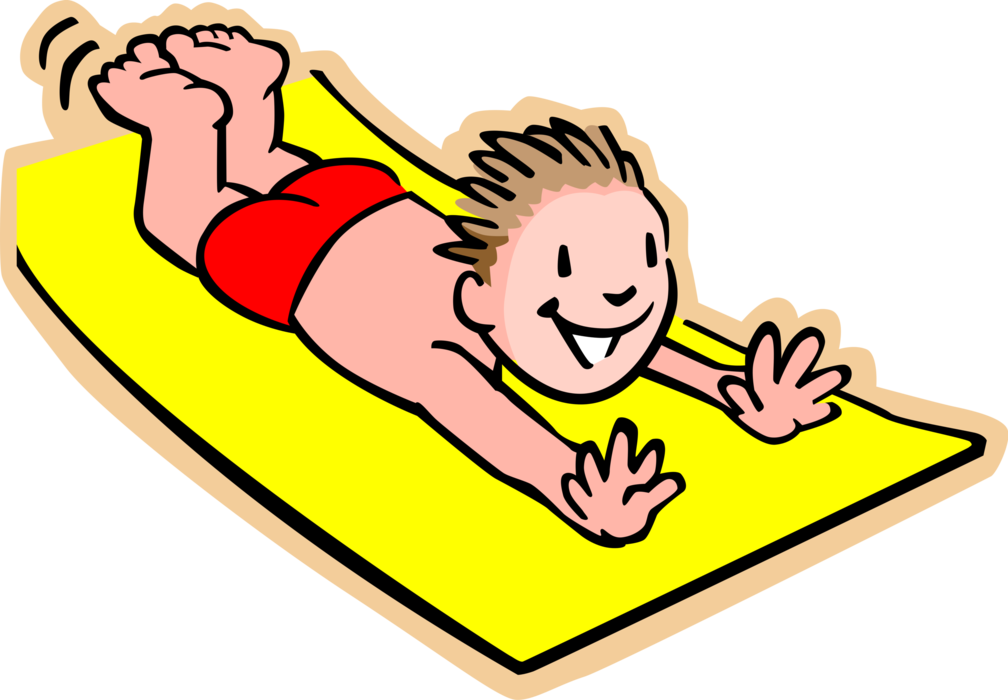 Vector Illustration of Primary or Elementary School Student Boy Sliding in Summer on Water Slide