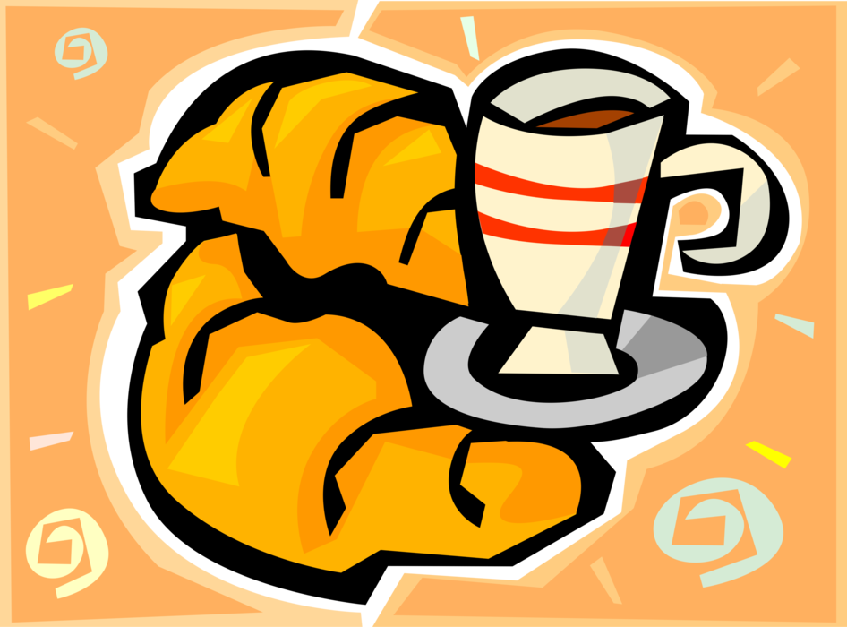 Vector Illustration of Morning Cup of Coffee with Freshly Baked Flaky, Viennoiserie-Pastry Croissant