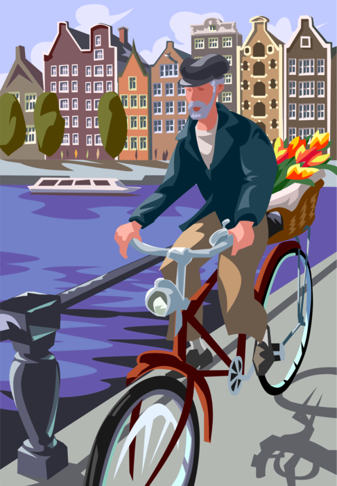 Vector Illustration of Cyclist Bicycling in Amsterdam with Bicycle and Canal
