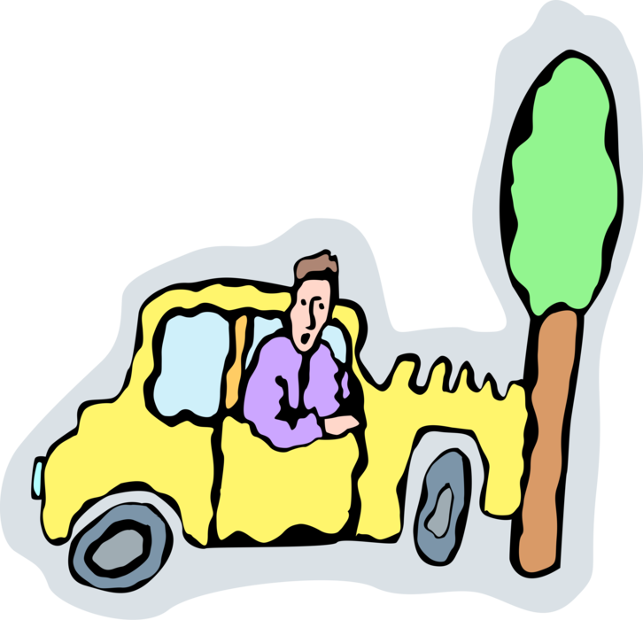 Vector Illustration of Automobile Motor Vehicle Car Accident Hitting Tree