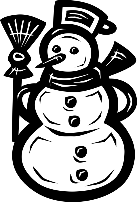 Vector Illustration of Snowman Anthropomorphic Snow Sculpture with Carrot Nose and Straw Broom