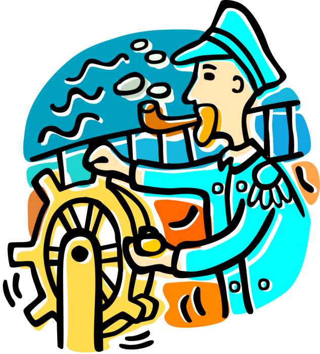 Vector Illustration of Mariner Captain at Helm of Vessel with Ship's Helm Wheel to Steer Navigation Course