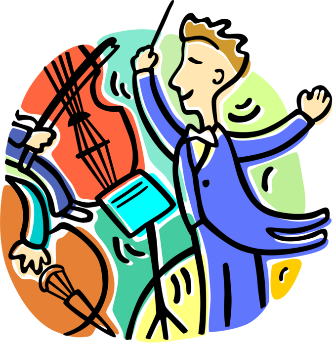 Vector Illustration of Orchestra Maestro Conductor Conducts Symphony Orchestral Musicians with Baton