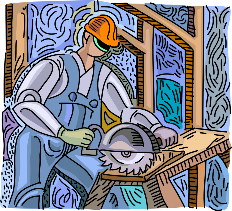 Vector Illustration of Carpenter Cutting Wood Boards with Circular Saw at Building Site