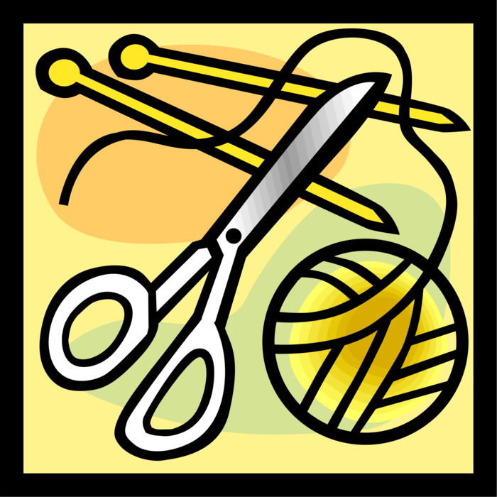 Vector Illustration of Knitting and Darning Needles with Wool Yarn and Scissors