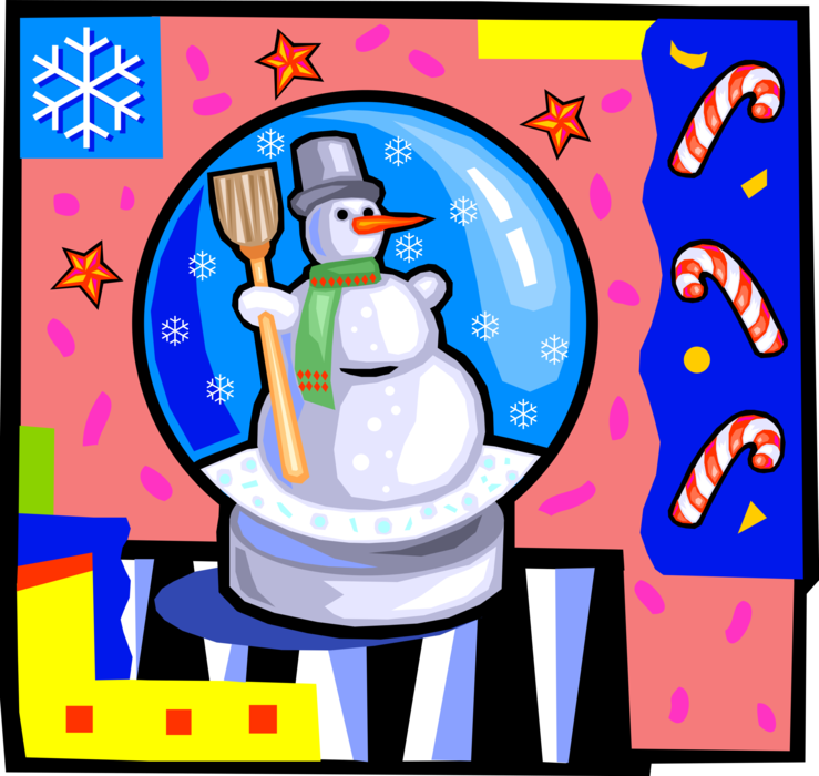 Vector Illustration of Winter Snow Globe with Snowman Anthropomorphic Snow Sculpture and Candy Canes