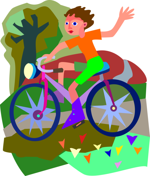 Vector Illustration of Cycling Enthusiast Rides Bicycle in the Park on Summer Day