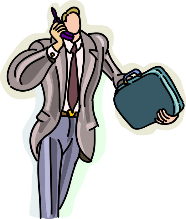 Vector Illustration of Businessman on Mobile Smartphone Phone Telephone with Briefcase Late for Meeting