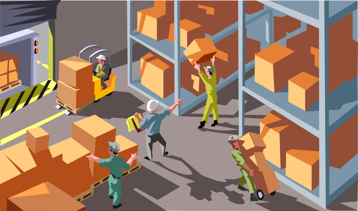 Vector Illustration of Industrial Manufacturing Plant Factory Warehouse Workers Shipping Products on Loading Dock